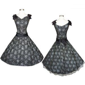 Vintage 80s Black Silver Floral Lace Metallic Full Skirt Prom Party Dress M L